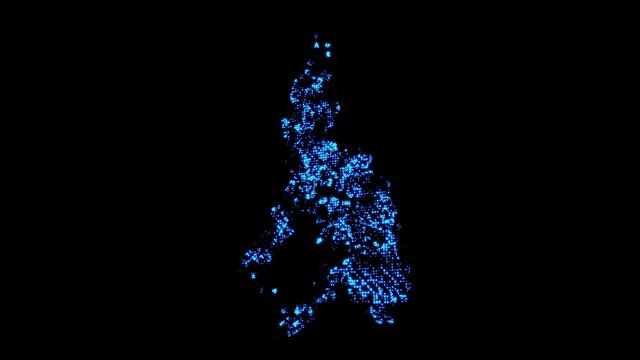 A map of the Philippines country consisting of stars of shimmering blue particles on a black background.