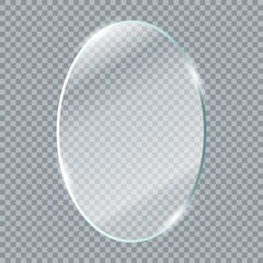 Transparent glass plates. Realistic transparent glass window in oval frame. Vector illustration