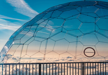 Beautiful alpine summer evening view with a dome made of hexagonal elements at the famous Zugspitze...