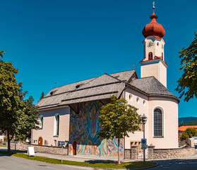 Beautiful alpine summer view with a church at Ehrwald, Tyrol, Austria