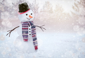 Happy smiling snowman with scarf and hat in winter landscapes. Copy spaces. Empty place for...