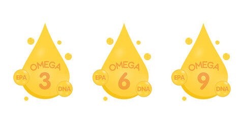 Omega 3, 6, 9, gold icon. Vitamin drop pill capsule. Shining golden essence droplet. Vector