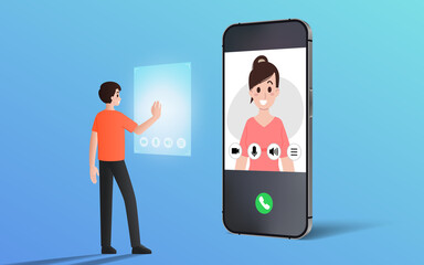 Video conference meeting online illustration flat design concept. People on smart phone screen taking with worker. Leader work form home meeting online with employees on mobile screen.