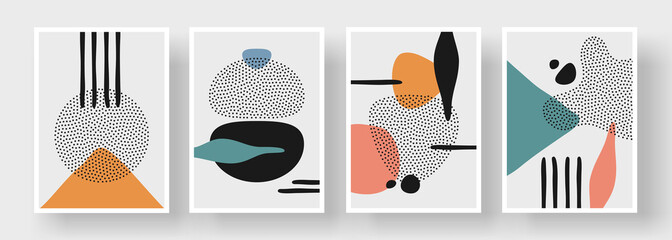Abstract modern art posters set. Vector illustration. Doodle and various lines and dots. Minimalistic geometric shapes, hand drawn borders. Wall decoration for home interior or brochure cover design - obrazy, fototapety, plakaty