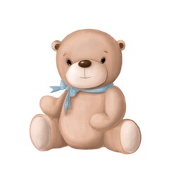 cute plush bear toy for newborn, hand drawn illustration, watercolor clipart