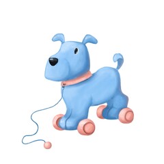 blue dog toy with wheels for newborn, watercolor style illustration, hand drawn clipart