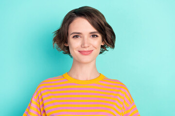 Fototapeta premium Portrait of attractive cheery content brown-haired girl wearing striped pullover isolated over bright teal turquoise color background