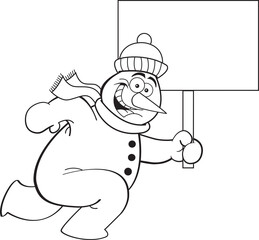 Black and white illustration of a snowman wearing a stocking cap and a scarf running while holding a sign.