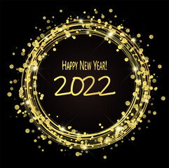 round lightning with dots and sparkle effects colored golden on dark background with Happy New Year 2022 greetings