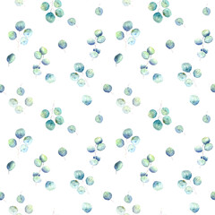 Seamless background with watercolor silver dollar eucalyptus branches.
