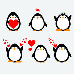Cute penguins in different poses with red color illustration