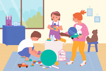 Children play and clean room together, tidy mess vector illustration. Cartoon girls and boy putting toys into box, doing cleanup to help mom. Household chores for kids, orderliness, cleanup concept