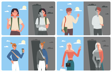 Good or bad mood set vector illustration. Cartoon sad unhappy business people, student standing under rain clouds, happy characters under sun, negative positive emotions before and after psychotherapy