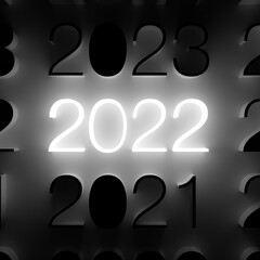 Luminous 2022 number on wall. New Year concept