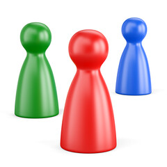 Red, green and blue board game pawns isolated on white background