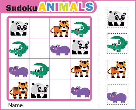 Sudoku game for children with pictures. Kids activity sheet. Cartoon  zoo animals. Preschool game. 