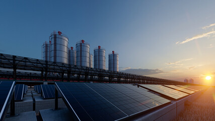 Silos and Solar Panels Separated by a Pipeline During the Sunset 3D Rendering