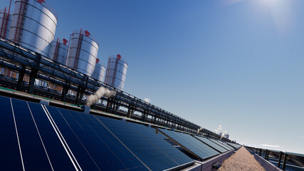 Solar Panels Near a Pipeline and Silos Under Clear Sky 3D Rendering