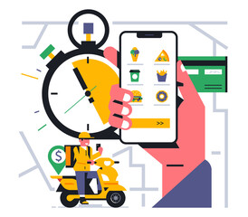 Online food delivery service to your home. Menu for food delivery through a mobile application. The courier accepted the order. Phone, hand, app, map, street, address, bank card. Vector illustration
