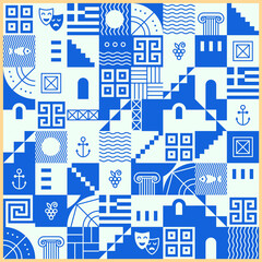 Obraz premium Greek pattern with square tiles, set of traditional symbols of Greece. Blue and white collection of travel icons, culture signs, city elements, simple combination of shapes and lines
