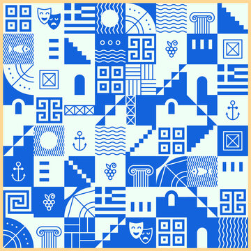 Greek pattern with square tiles, set of traditional symbols of Greece. Blue and white collection of travel icons, culture signs, city elements, simple combination of shapes and lines