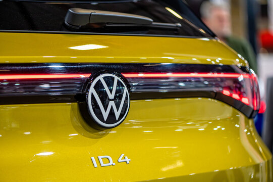LED rear lights and car design closeup of nev VW ID4 electric SUV, model 2021, exterior design