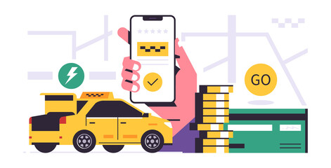 Taxi ordering service mobile application concept. A hand holding a phone with booking a taxi on the display. Urban cab service. City map, yellow car, bank card, money, pay. Flat vector illustration