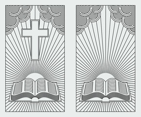 Linear drawing on a Christian theme on a white background. Church, bible, candles.