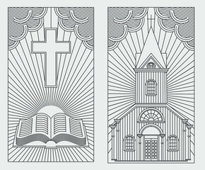 Linear drawing on a Christian theme on a white background. Church, bible, candles.