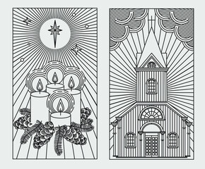 Linear drawing on a Christian theme on a white background. Church, bible, candles.