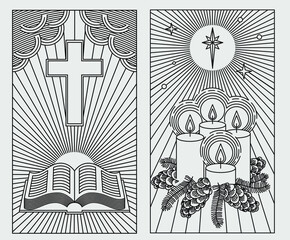 Linear drawing on a Christian theme on a white background. Church, bible, candles.