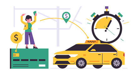 Online taxi ordering service. Successful online payment for the city taxi service. City map, girl with money, yellow car, stopwatch. Vector illustration isolated on background