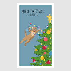 Merry Christmas greeting card with naughty cat