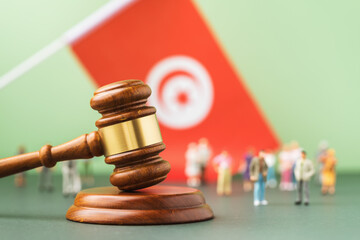 Judge gavel, Tunisian flag and plastic toy men on colored background, Tunisian society litigation concept