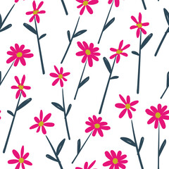Simple vector seamless pattern with cute floral drawings. Chamomile plants. Wallpaper or background for printing on paper or fabric. Great ornament for the interior of a children's room