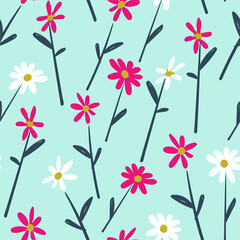 Simple vector seamless pattern with cute floral drawings. Chamomile plants. Wallpaper or background for printing on paper or fabric. Great ornament for the interior of a children's room