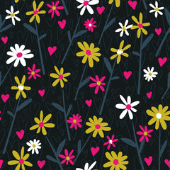 Simple vector seamless pattern with cute floral drawings. Chamomile plants. Wallpaper or background for printing on paper or fabric. Great ornament for the interior of a children's room
