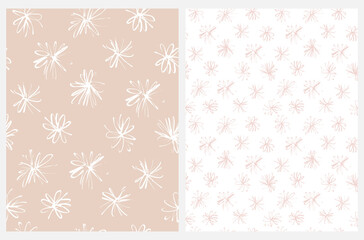 Cute Hand Drawn Floral Vector Patterns. Abstract Flowers made of Scribbles Isolated on a Light Blush Pink and White Background. Infantile Style Abstract Garden Repeatable Print ideal for Fabric.