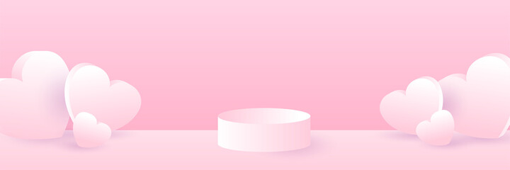 Stage podium decorated with heart shape lighting. Pedestal scene with for product, advertising, show, award ceremony, on pink background. Valentine's day background. Minimal style.Vector illustration.