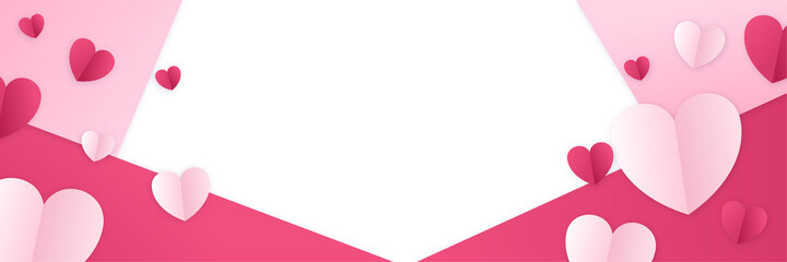 Obraz premium Love valentine's banner background with hearts. Valentine's day concept frame. Vector illustration. 3d red and pink paper hearts on geometric background. Cute love sale banner or greeting card