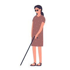 Disabled blind girl with walking probing stick. Visually impaired lady with white cane cartoon vector illustration