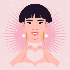 Happy Asian woman making a heart with her hands. Portrait of a young oriental fashion model. Love gesture. Avatar of a smiling teenager Vector flat illustration