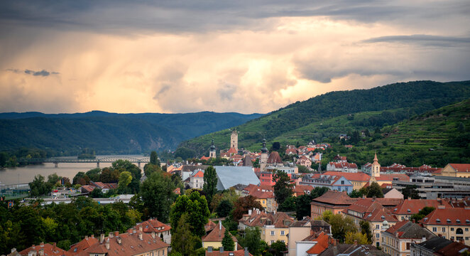 The thunderstorm is leaving, view of Krems (Austria) 
