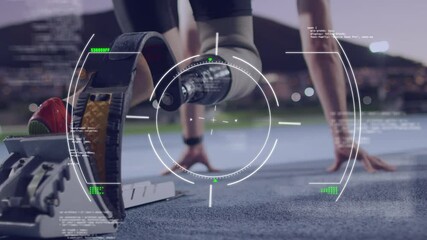 Animation of processing circle over caucasian man with running blade preparing to star a run