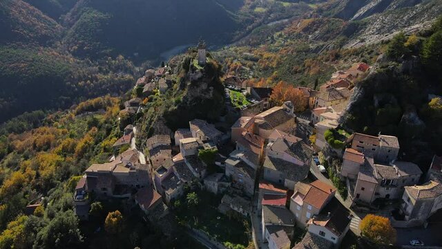 Aerial fly over of the area surounding the village of Sigale on the route from Gillette in the Alpe Maritimes