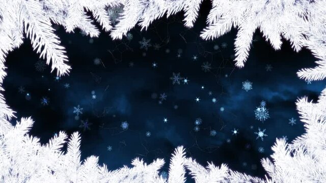Animation of christmas white fir tree frame over snow falling over dark blue background