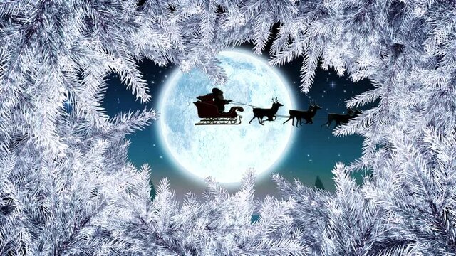 Animation of christmas white fir tree frame and santa sleigh over full moon