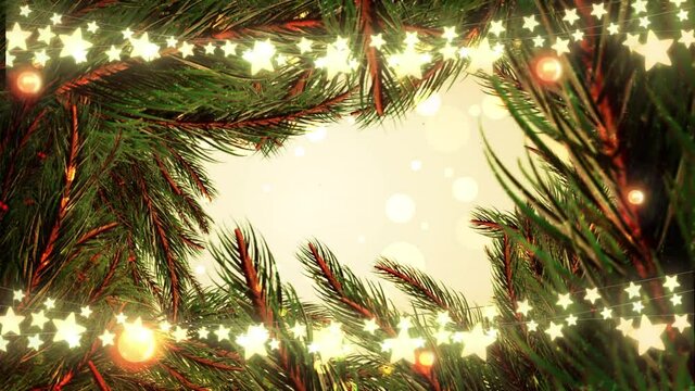 Animation of spots of light over christmas fir tree frame with stars