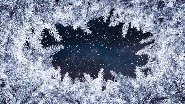 Animation of christmas white fir tree frame over snow falling over black background