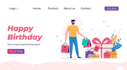 Happy birthday landing page template. Promotion of online shop bonus or reward. Modern flat vector illustration for advertisement. Seasonal discount website sale banner with people - 473361686